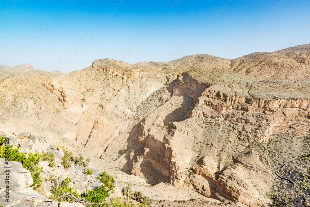 Ridge view of Jabal Akhdar in Al Hajar Mountains, Oman. This place is 2000 meters above sea level.