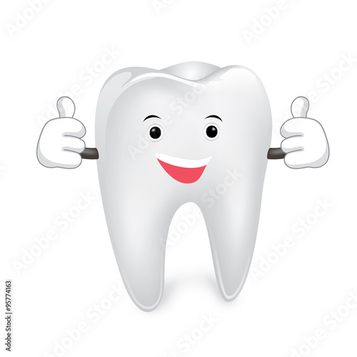 Illustration of a smiling tooth mascot character doing a double thumbs up