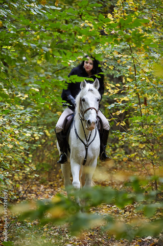 Woman riding a horse in the forest