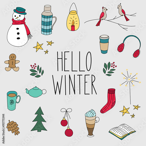 Winter doodles hand drawn set