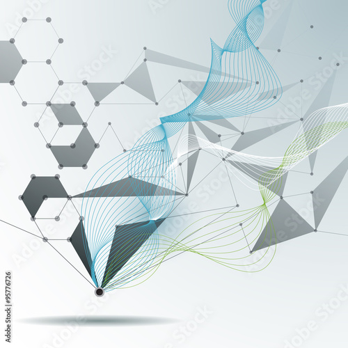 Illustration Abstract Molecules and 3D Mesh with Circles, Lines, Polygon shapes. Vector design communication technology on light gray background. Futuristic- digital technology connect  lines and dots