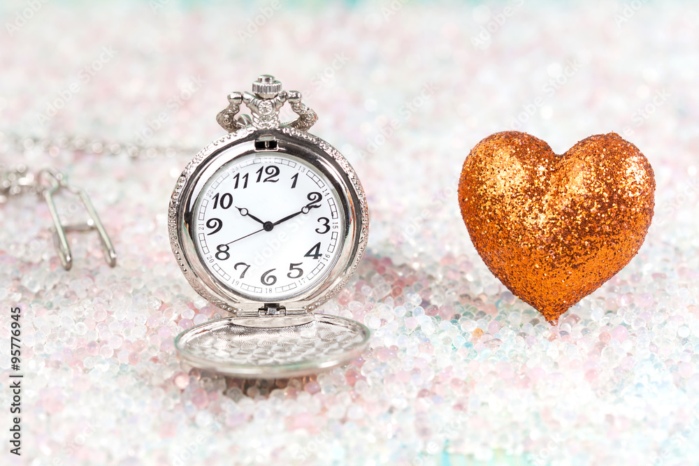 Antique pocket watch and heart shape,Valentine decoration Stock Photo