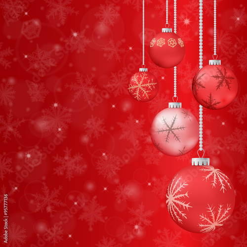 Christmas card with red balls and snowflakes on dark red background.