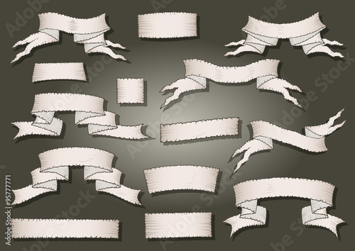 Vector set of hand drawn tattered banners. In light colors.
