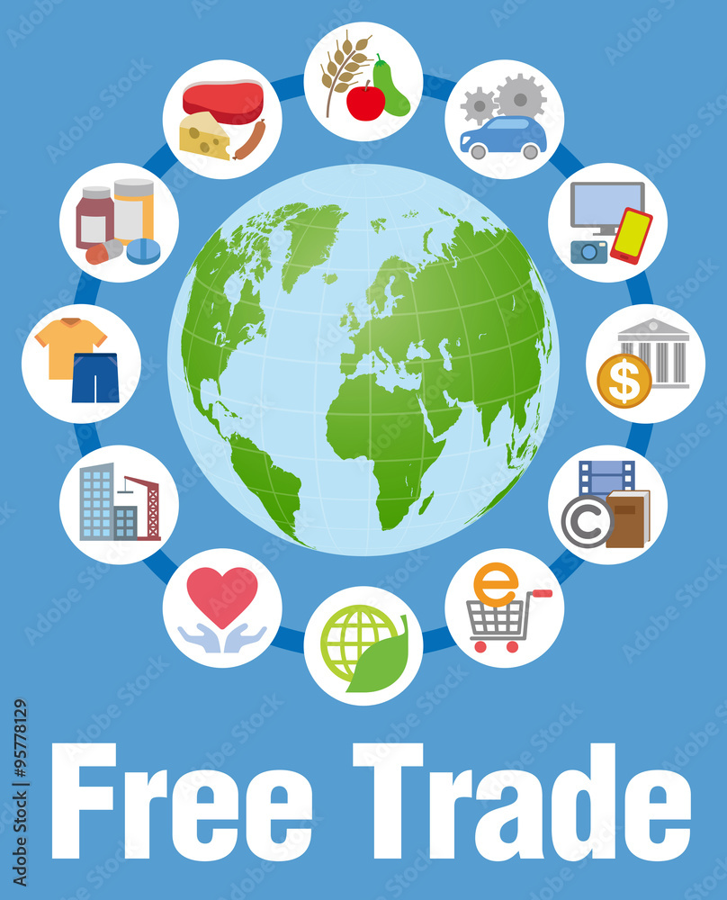 Free trade and various trading goods, services, vector icons and illustrations