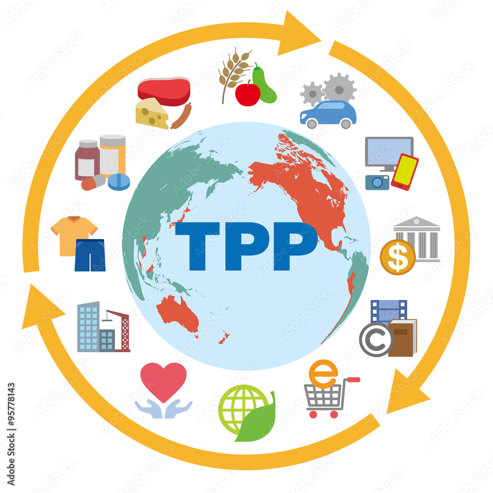 TPP (Trans Pacific Partnership) and various trading goods, services, vector icons and illustrations