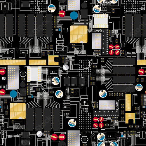 Circuit board with components and wires seamless pattern