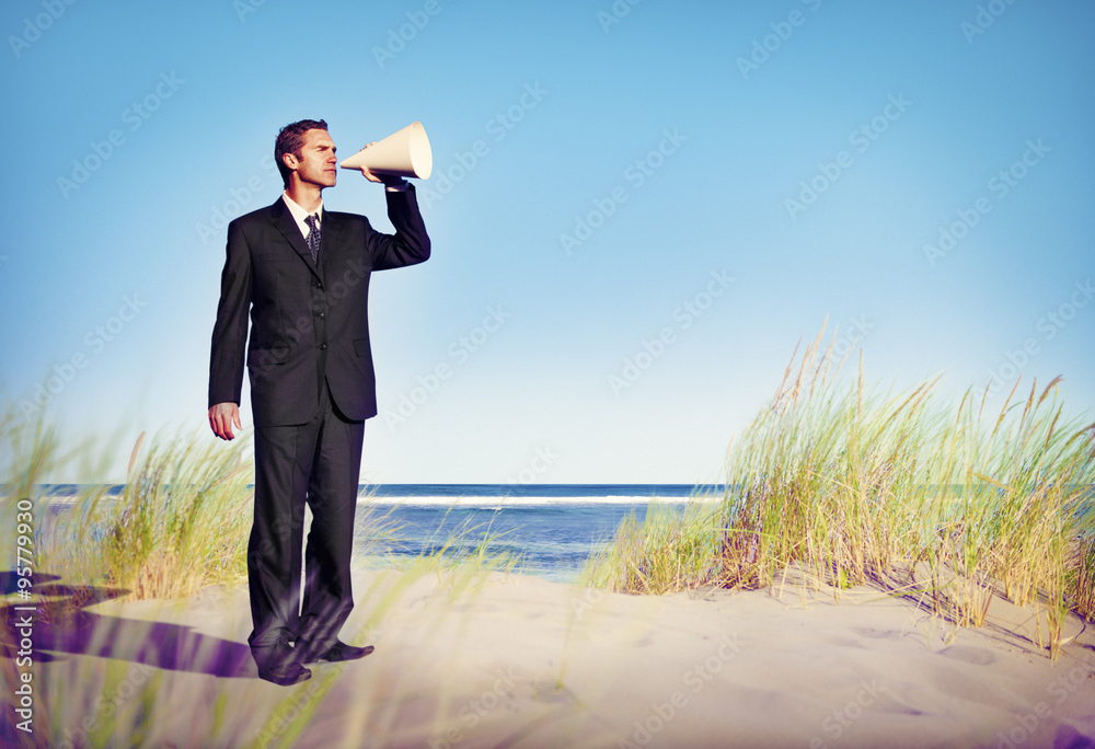 Business Man Holding loudspeaker on Beach Concept Business Man Holding loudspeaker on Beach Concept