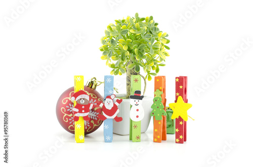 set of christmas icon on colorful cloth clip. artificial green tree and red ball isolated on white background