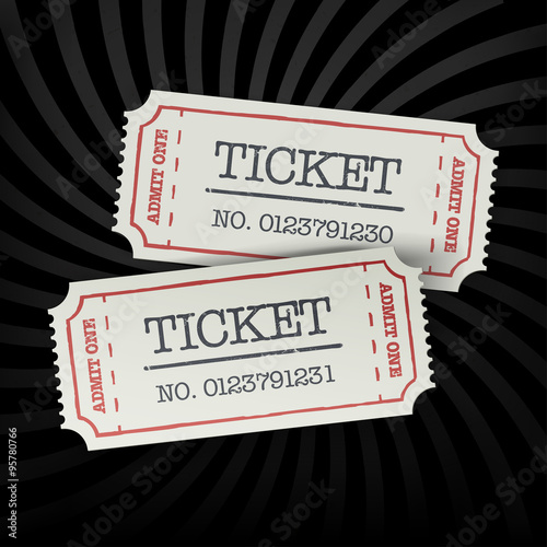 Two old-fashioned cinema tickets on dark sunburst monochrome bac