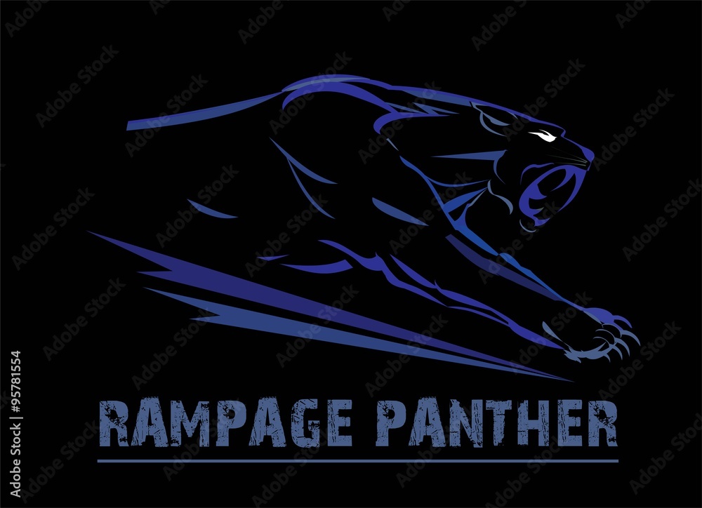 Naklejka premium panther, fang face muscular panther, roaring and crawling in the dark. blue line art over the black background. glowing exotic panther. black panther with the lighting eye.