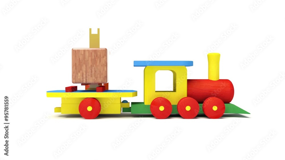 3d wooden toy train with colorful blocs isolated over white