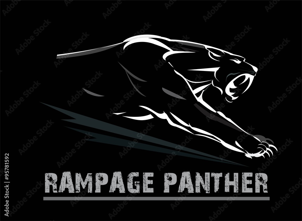 Naklejka premium panther, fang face muscular panther, roaring and crawling in the dark. white line art on the black background. exotic panther.