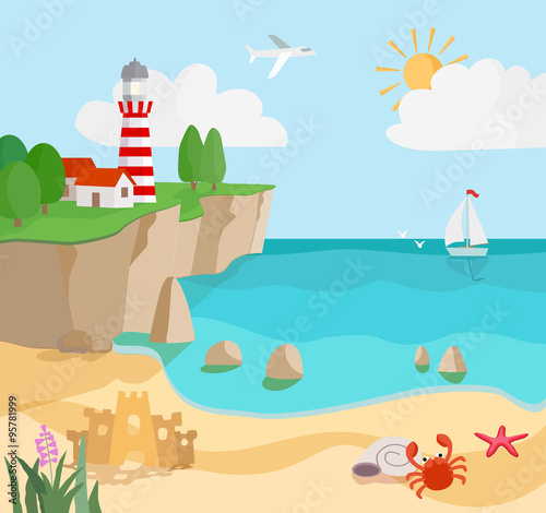 cartoon coast seascape with sand, waves, starfish,  crab, lighth