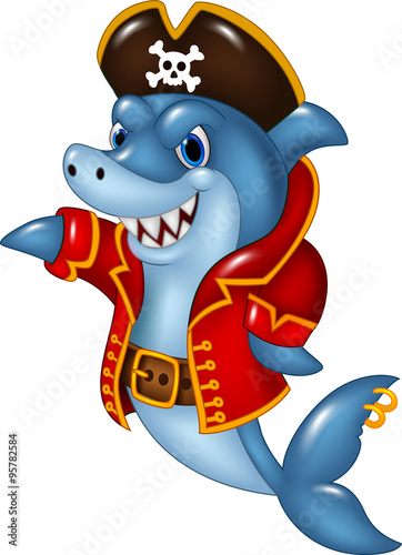 Cartoon shark pirate presenting isolated on white background