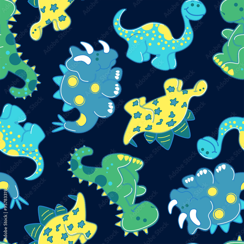 Obraz premium Embroidery dinosaurs in a seamless pattern