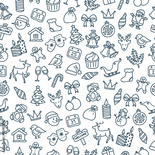 Christmas seamless pattern. New year and Christmas objects hand drawn style