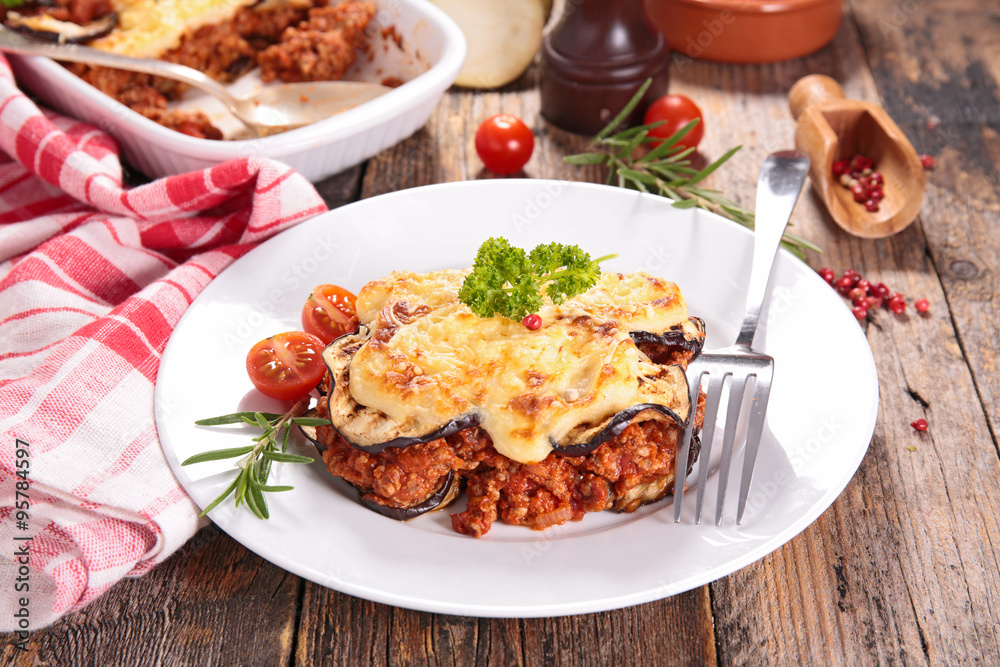 moussaka with beef, tomato sauce and cheese moussaka with beef, tomato sauce and cheese