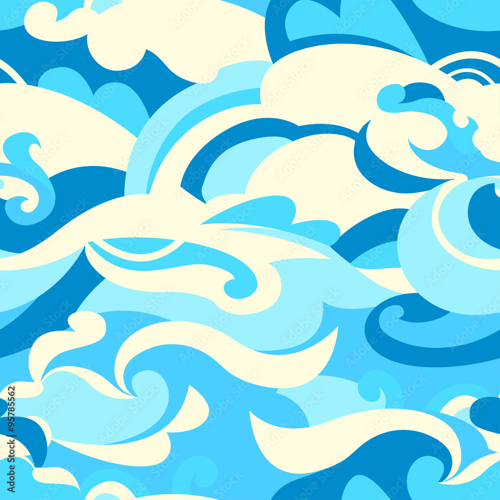 Graphic tropical surf waves in a seamless pattern Graphic tropical surf waves in a seamless pattern