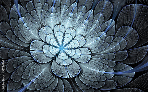 Abstract fractal, decorative seven-petal silver-blue flower with metallic gloss