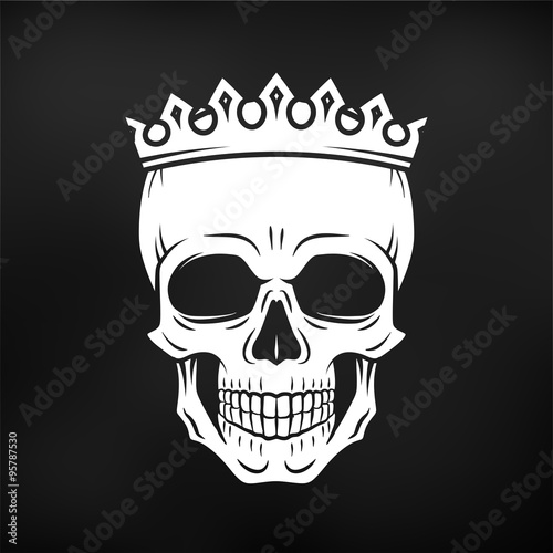 Skull King Crown design element. Vintage Royal illustration in medieval style. Dark Kingdom insignia concept on black background