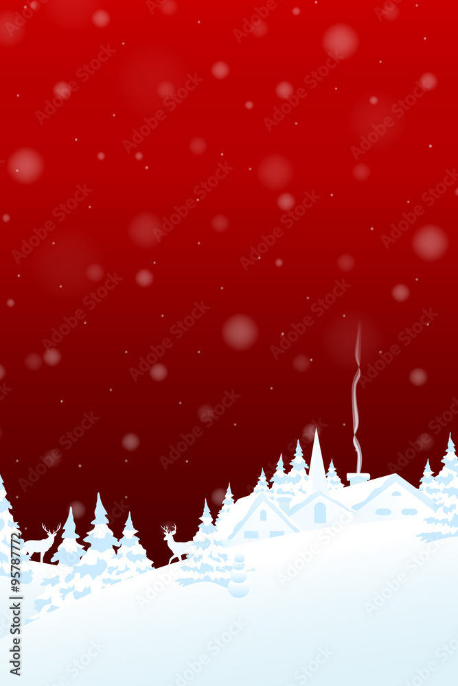 Merry Christmas and Happy new year card.
Red background with winter landscape. Vector illustration.