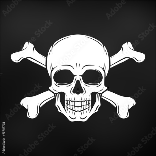 Human evil skull vector. Jolly Roger with crossbones logo template. death t-shirt design on black background. Pirate insignia concept. Poison icon illustration photo