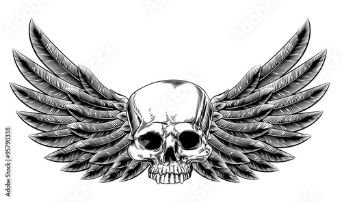 Vintage Woodcut Winged Skull