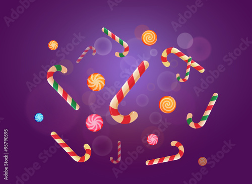 Set of Christmas candy stickers on the violet background. Vector illustration