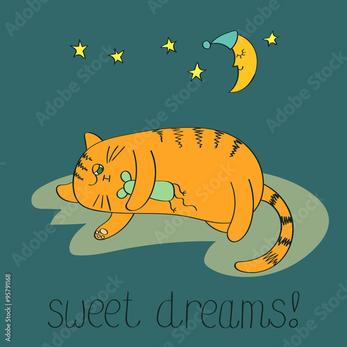 Cute sleeping cat. Sweet dreams vector background.
