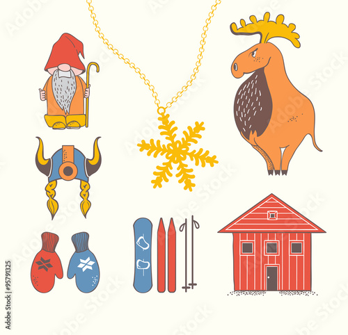 Cute stylish scandinavian set with moose, gnome, snowflake, skiing, snowboard, viking helmet, wooden house, mittens