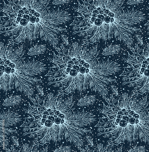 print, seamless pattern with light blue Christmas tree, ilex, sprig of holly with berries on a indigo background, spruce, vector illustration