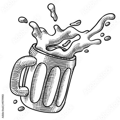 Engraved beer mug with foam splash isolated on white background
