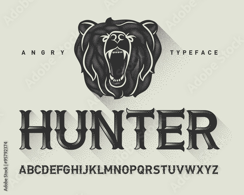 Vintage decorative modern font with dotted graphics and a wild angry bear head illustration