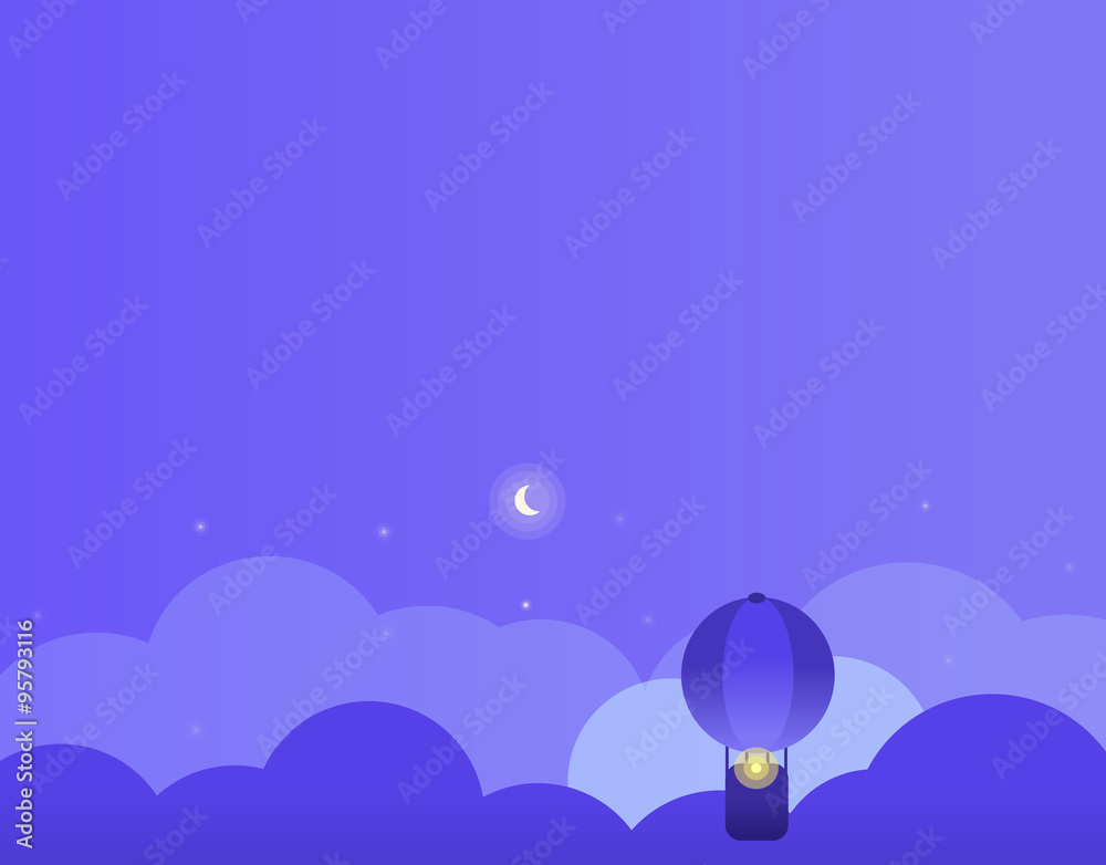 Night Background with Clouds, Balloon and Moon. Vector Illustration