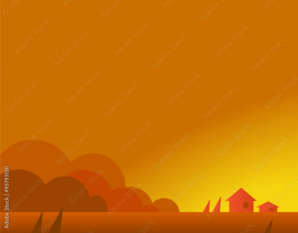 Wallpaper Landscape with Village Houses in Autumn, Vector Illustration