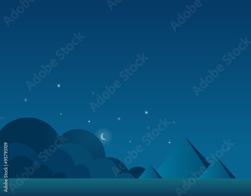 Wallpaper Landscape of Desert and Pyramids at Night, Vector Illustration