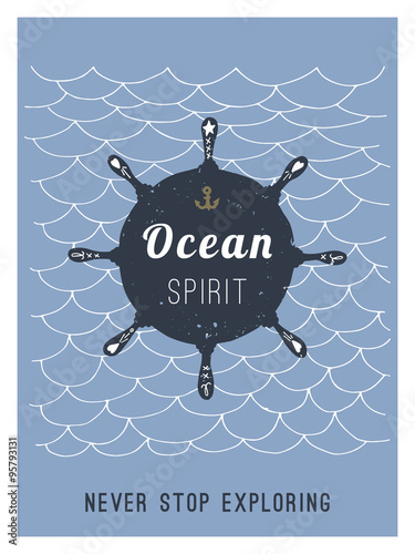 Hand drawn vintage nautical card with grunge patterns and textur