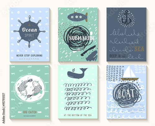 Set of hand drawn vintage nautical cards with grunge patterns an