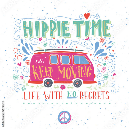 Vintage hippie time print with a mini van, decoration and letter