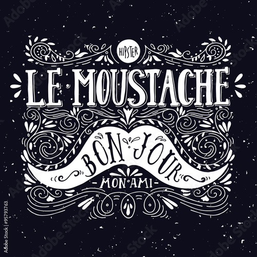 Hand drawn vintage label with a moustache and hand lettering ("b