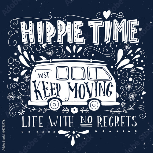 Vintage hippie time print with a mini van, decoration and letter