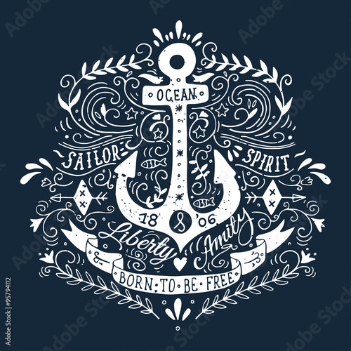 Hand drawn vintage label with an anchor and lettering on blackbo
