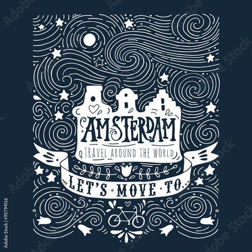 Hand drawn vintage label with Amsterdam canal houses in Van Gogh