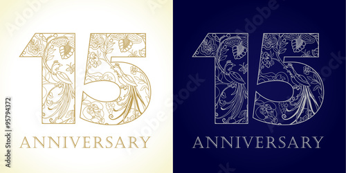 15 anniversary vintage logo. Template numbers of 15th jubilee in ethnic patterns and birds of paradise.