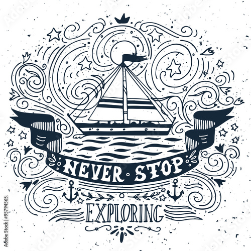 Hand drawn vintage label with a ship and lettering
