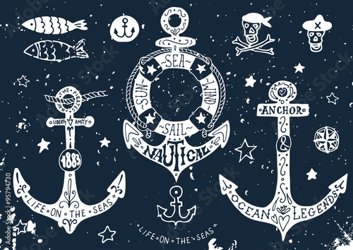 Set of hand drawn anchors with lettering on blackboard
