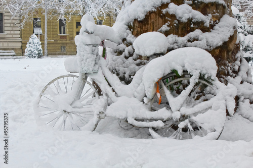 Bicycle covered with snow near tree during winter.