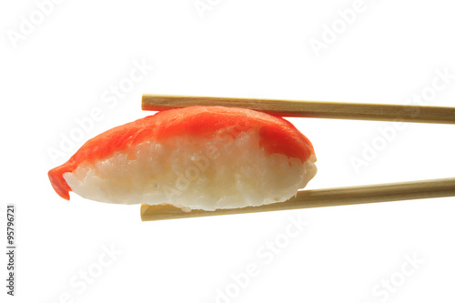 salmon sushi in chopsticks isolated on white background