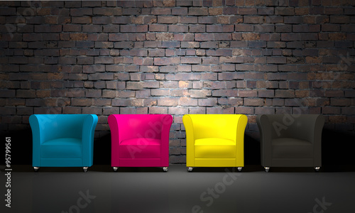 Fototapeta Naklejka Na Ścianę i Meble -  3D CMYK chairs and brick wall